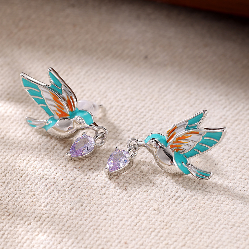 Women's Bird-Shaped Enamel Inlay Earrings